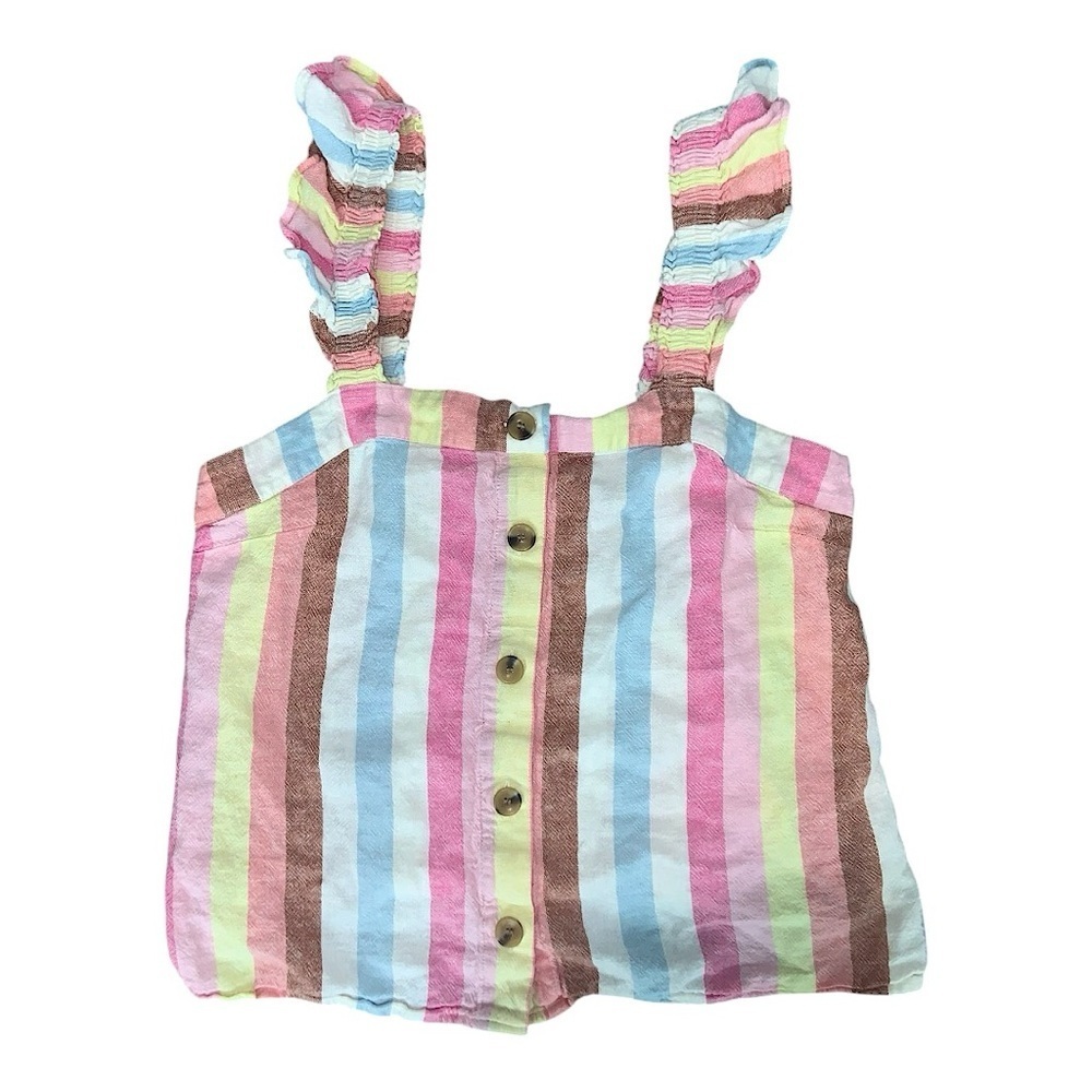 J. Crew Linen Blend Multicolor Stripe Ruffle Strap Tank Top
